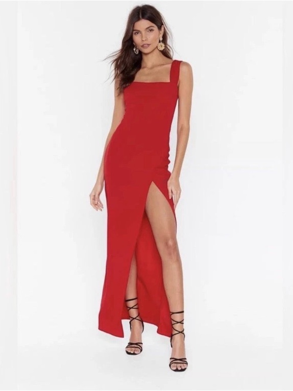 Nasty Gal Bold Red Maxi Square Neckline Dress with Slit up to Mini Length